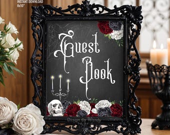 Gästebuch Zeichen, Instant Download. Gothic Hochzeit Tischschild, rote und schwarze Rosen & Totenkopf. Halloween Hochzeit Gästebuch Schild G22