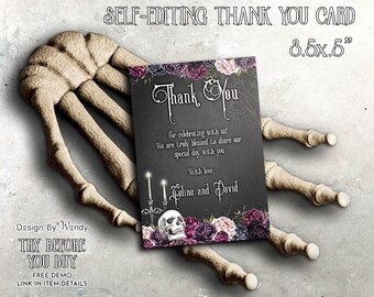 Gothic Wedding Thank You Card Template with Skull and Purple Roses G06