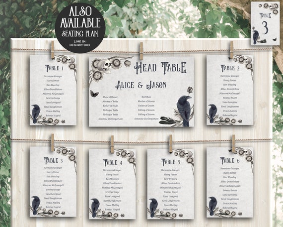 Gothic Wedding Table Signs Bundle Favors Thorn Wreath Cards & Gifts In Loving Memory 8x10 G25 Raven and Skull Printable Table Signs