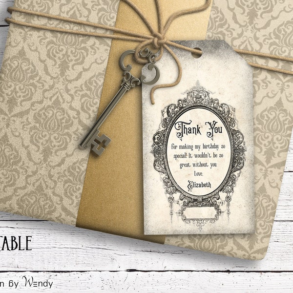 Victorian Birthday Favor Tag Template. Printable Vintage Themed Birthday Favor Tags. Editable G13