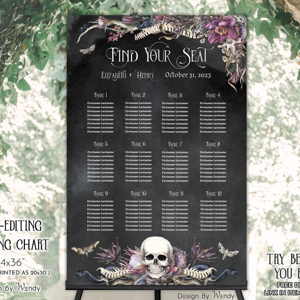 Editable Seating Chart Template Gothic Wedding. Skull Wreath, Snake and Bones, Printable Seating Plan. Goth Wedding Signage Halloween G32
