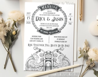 Biker Wedding Invitation Template. Editable Invite with Motorcycle and Angel. Wings Outdoor Wedding Reception. Change All Colors A02