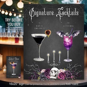 Editable Signature Drinks Sign, Dark Wedding Skull and Roses. Gothic Wedding Signature Cocktails Template. Printable Bar Menu Sign G06