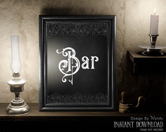 Bar Sign Black Lace Gothic Wedding Sign. Halloween Bar Table Sign, Black Hallowedding Victorian Wedding Decor, Drink, Instant Download G15