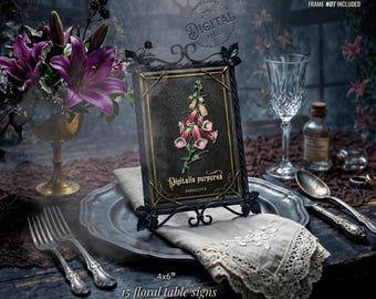 Poisonous Plants Table Numbers Alternative, Dark Academia Wedding. Printable Gothic Seating Chart Decor, Vintage Botanical Signage Set G09