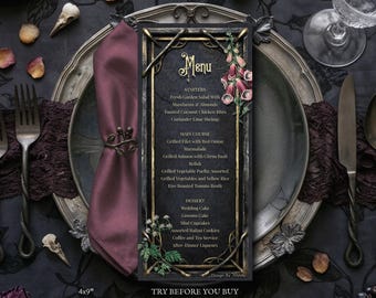 Menu Template, Dark Victorian Wedding Dinner. Vintage Apothecary Style with Antique Botanicals, Foxglove and Poisonous Parsley G09