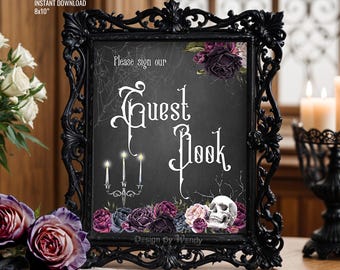 Gothic Gästebuch Schild. Instant Download Hochzeit Gästebuch Tischschild mit Totenkopf und Rosen. Print Bereit Makaber Hochzeitsschild G06