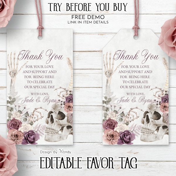 Witchy Favor Tag Template. Editable Gothic Wedding Favor Tags. Romantic Pastel Roses and Skull Goth Birthday Favor Tag G46