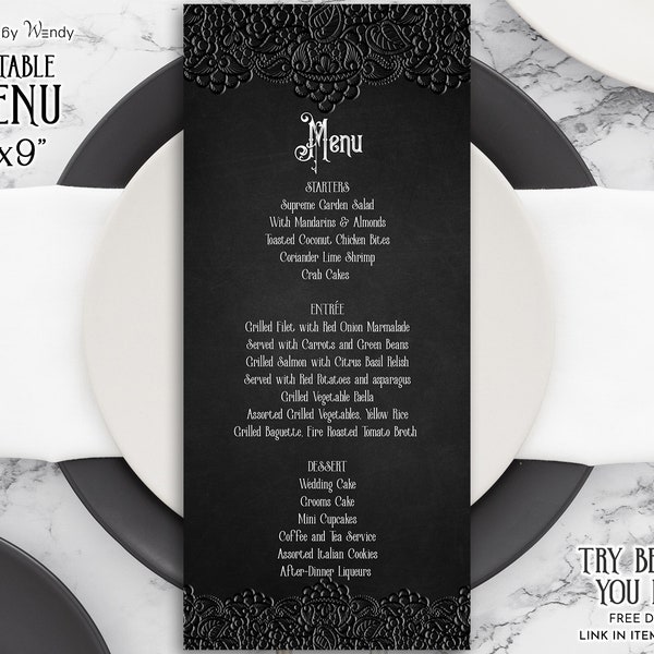 Black Lace Wedding Menu Template. Editable Gothic Wedding Black Menu Card. Hallowedding Menu Table Setting. Printable Wedding Menu G15