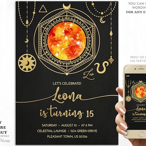 Leo Zodiac Birthday Invitation, Editable Invitation Template. Gold & Black Birthday Invite, Leo Horoscope Constellation Esoteric Symbol AB03