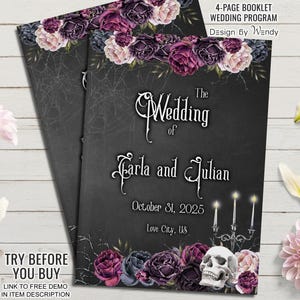 May include: A black wedding program booklet with floral and skull accents. The cover reads "The Wedding of Carla and Julian, October 31, 2025." The design includes purple and pink flowers, spiderwebs, and candles.