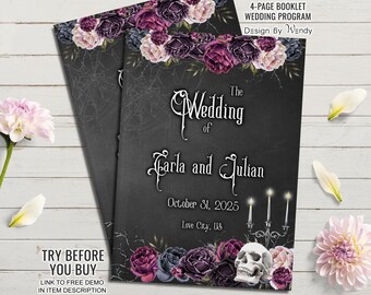 Gothic Wedding Program Booklet, Halloween Ceremony Schedule. Dark Fantasy Order of Service. Editable Wedding Timeline, Spooky Floral G06