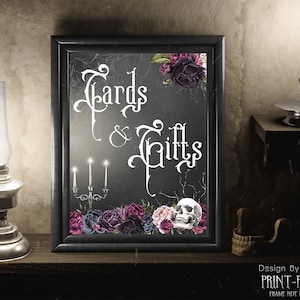 Gothic Cards & Gifts Sign With Roses and Skull. Gothic Wedding Party Decor Black Table Sign. Print Ready Instant Download Signage G06