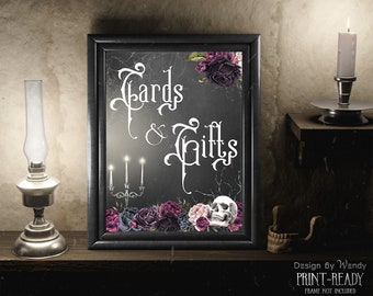 Gothic Cards & Gifts Sign With Roses and Skull. Gothic Wedding Party Decor Black Table Sign. Print Ready Instant Download Signage G06