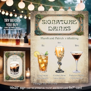 Celtic Fantasy Signature Drinks Sign Template and Cocktail Card. Geek Wedding Editable Signature Cocktails Sign, Bar Menu Sign F01
