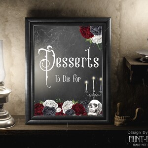 Gothic Wedding Desserts Sign, PDF Red and Black Roses With Skull Sign. Halloween Goth Party Desserts Table Sign, Food and Drinks Sign G22