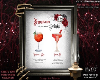 Gothic Wedding Signature Drinks Sign Template. Editable Whimsigoth Signature Cocktails Sign G09