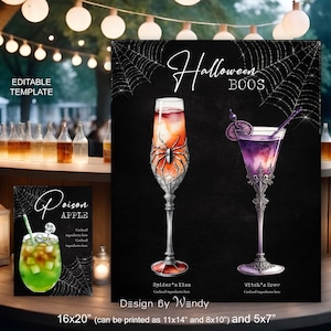 Dark Signature Drinks Sign Template and Cocktail Card. Editable Gothic Wedding Signature Cocktails Sign, Spooky Halloween Bar Menu Sign SG08