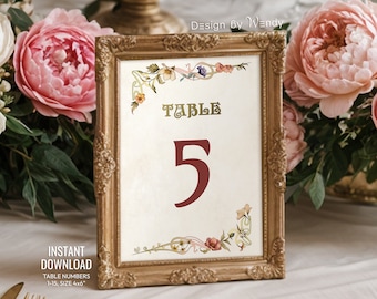 Numeri da tavolo vintage in stile Art Nouveau, download istantaneo Numeri da tavolo per matrimonio retrò 1-15, pronto per la stampa V05