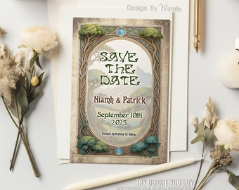 Save the Date Celtic Fantasy Invitation Template. Art Nouveau Shire Landscape Editable Save The Date Invite F01