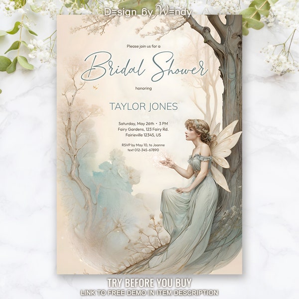 Vintage Fairy Bridal Shower Invitation Template. Editable Fantasy Fairytale Shower Invite with Vintage Fairy in Enchanted Forest B11