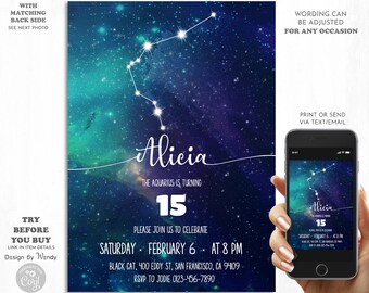 Zodiac Aquarius Birthday Invitation, Editable Invitation Template. Aquarius Constellation Galaxy Teen Birthday Evite, Edit Yourself AB02
