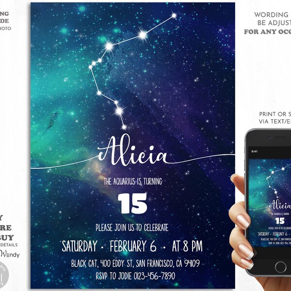 Zodiac Aquarius Birthday Invitation, Editable Invitation Template. Aquarius Constellation Galaxy Teen Birthday Evite, Edit Yourself AB02