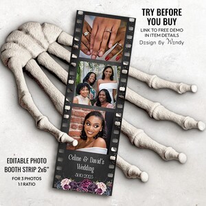 May include: Editable photo booth strip template with a black and white film strip design. The template has three photo slots and says "Celine & David's Wedding 3/10/2025" at the bottom. The template is decorated with purple and pink flowers.