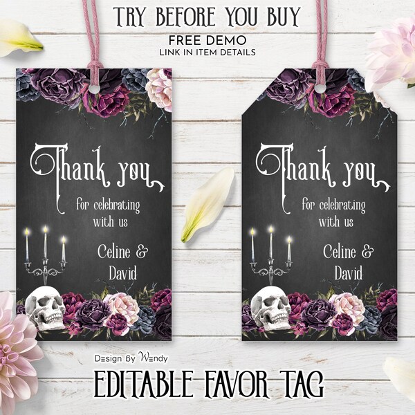 Gothic Wedding Favor Tag with Skull and Roses. Printable Skull Gift Tag Template. Editable Thank You Tag. Halloween Wedding Hallowedding G06