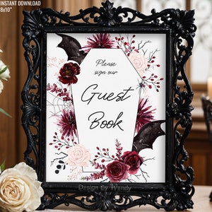 Coffin Guest Book Sign, Instant Download. Gothic Halloween Wedding Guest Book Sign. Coffin, Bats and Roses Wedding Table Décor G43