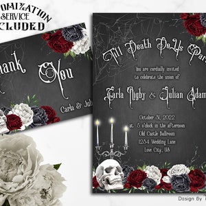 Gothic wedding invitation, red and black roses and skull. Till Death Do Us Part  Victorian wedding invitation suite G22