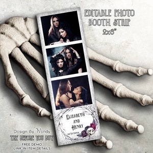 Gothic Photo Booth Strip Template. Editable Halloween Wedding Photo Booth Strip with Skull & Roses G01