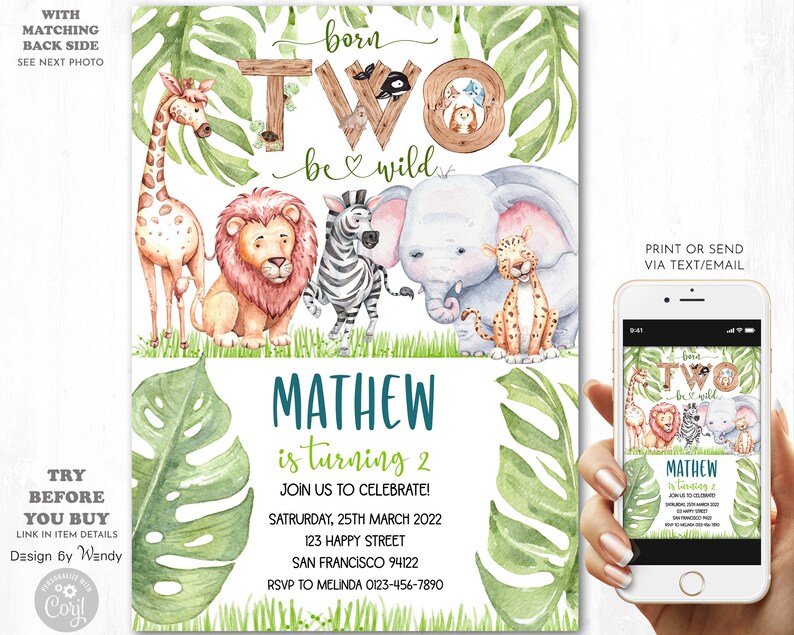 wild animals printable template digital BD006 Editable Born Two Be Wild birthday invitation Safari Party Animals birthday invite