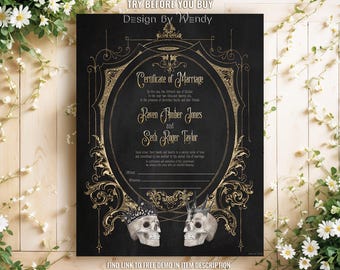 Gothic Marriage Certificate Template, with Vintage Frame and Royal Skulls. Certificate of Marriage, Halloween Wedding G44