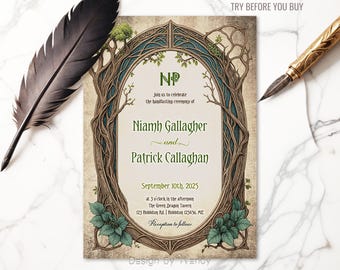Celtic Wedding Invitation Template. Handfasting Invitation, Art Nouveau Fantasy Wedding Invite. Pagan Wedding F01