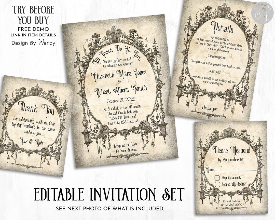 Editable Victorian Wedding Invitation Suite. Vintage Wedding Invitation