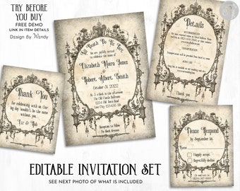 Editable Victorian Wedding Invitation Suite. Vintage Wedding Invitation Set Template. Retro Wedding G02