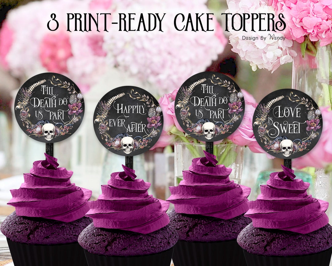 Gothic Wedding Cupcake Toppers. Skull and Bones Printable Round Cake ...