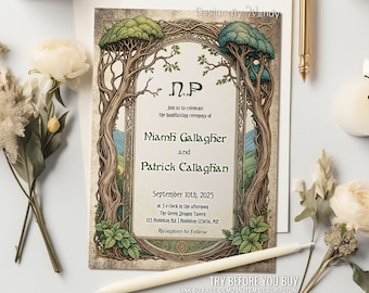 Celtic Fantasy Wedding Invitation Template. Handfasting Invitation, Middle Land Editable Pagan Wedding Invite. Lord of the Party F01