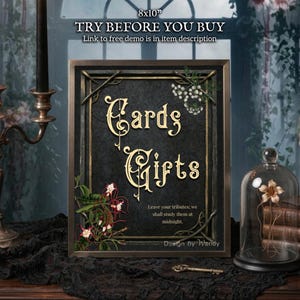May include: A rectangular 8x10 inch sign in a dark frame with gold lettering that reads Cards Gifts. The sign features a black background with floral accents, white flowers, and the text Leave your tributes; we shall study them at midnight.