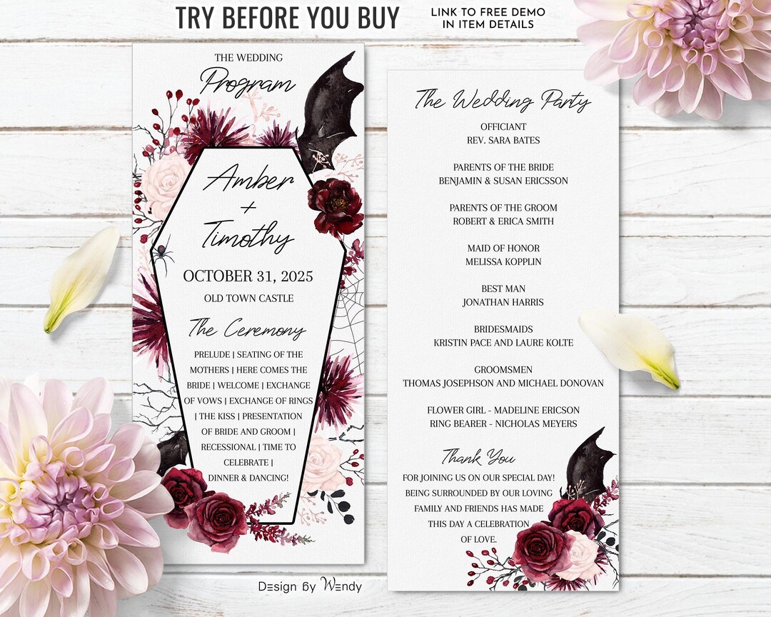 Editable Halloween Wedding Program With Coffin and Bat Wings. Gothic ...