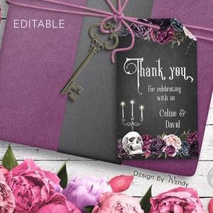 Editable Gothic Favor Tag, Thank You Card Template. Skulls and Roses, Gothic Wedding Favor Tag G06