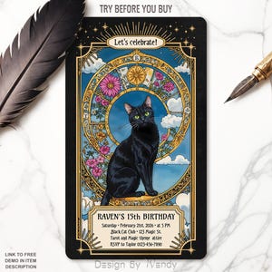 Black Cat Editable Invitation. Cat Tarot Card Birthday Invite Template. Art Nouveau Tarot Invitation with Black Cat. Digital Download T01