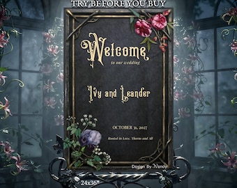 Welcome Sign Template, Dark Fantasy Wedding, Gothic Floral Entrance Poster. Personalized Antique Poisonous Botanicals Reception Decor G09