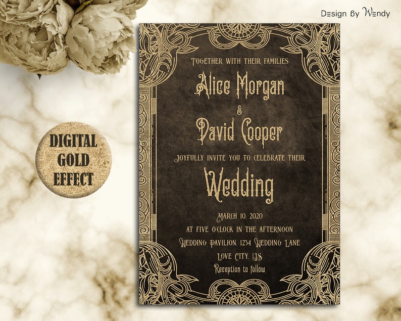 Victorian wedding invitation gold and brown printable gothic Etsy