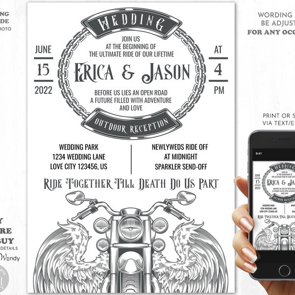Edit Yourself Biker Wedding Invitation, Black & White Invitation Evite, Motorcycle Angel Wings Outdoor Wedding Reception A02
