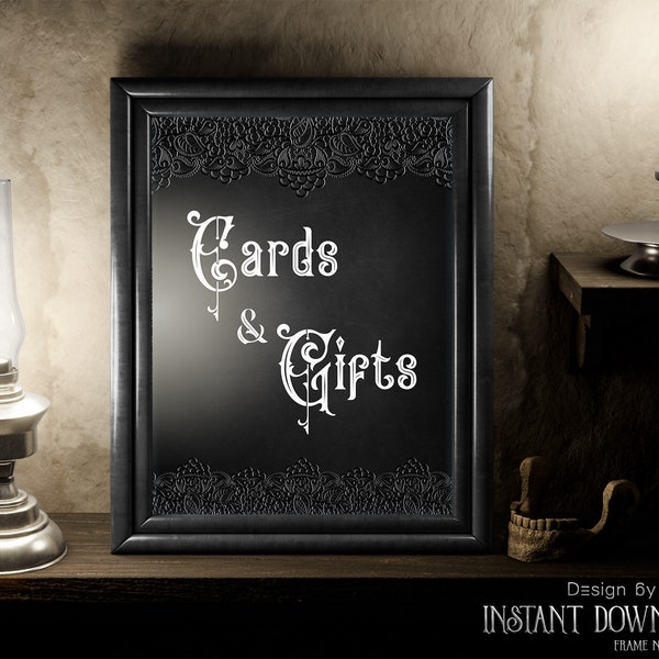 Cards and Gifts Black Lace Gothic Wedding Sign. Halloween Victorian Black Table Sign, Black Hallowedding Decoration, Instant Download G15
