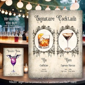 Victorian Signature Drinks Sign + Cocktail Cards Template. Vintage Wedding Signature Cocktail Sign. Antique Retro Frame Bar Menu Sign G02