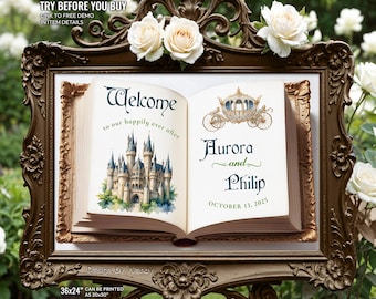 Fairytale Book Wedding Sign Template. Once Upon a Time Welcome Sign with Castle and Carriage F06