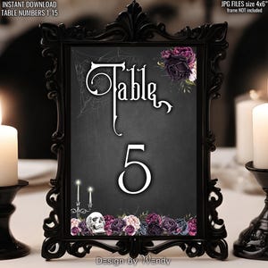 Gothic Table Numbers, Instant Download. Halloween Wedding Table Decor with Skulls And Roses. Gothic Wedding Dinner Party Settings G06